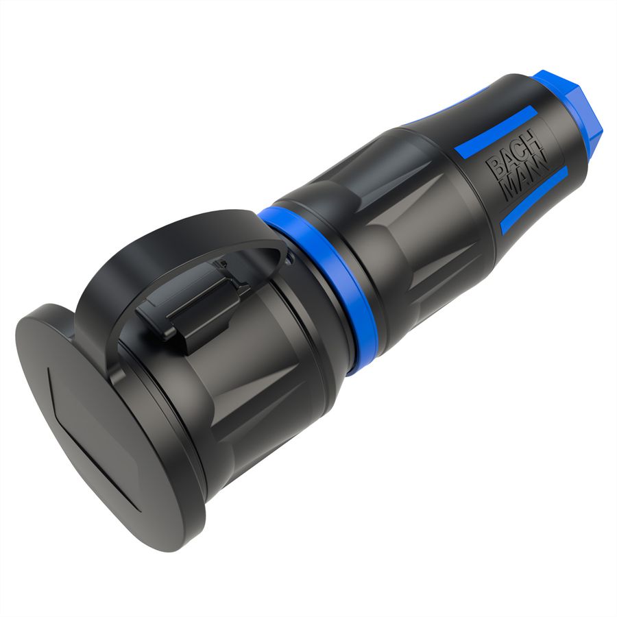 BACHMANN Profi-Schutzkontaktkupplung CEE7/3, Deckelband, gummiert, Power-LED, IP54, schwarz / blau