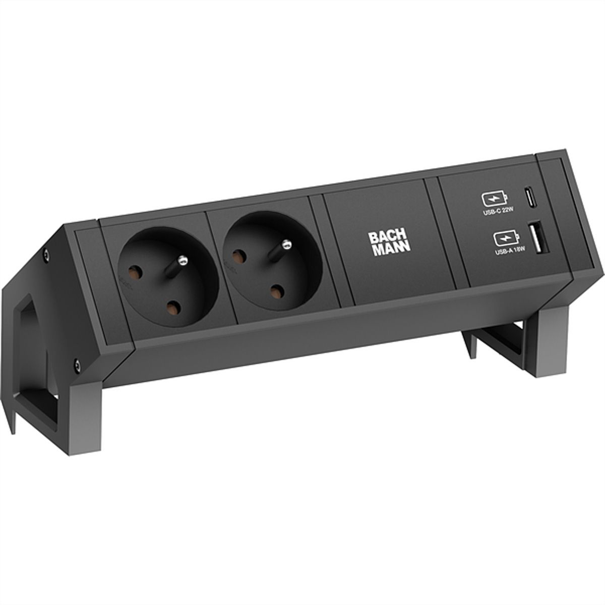 BACHMANN DESK2 2xUTE 1xUSB A/C 22W, GST18 RAL9005, schwarz, 0,2 m