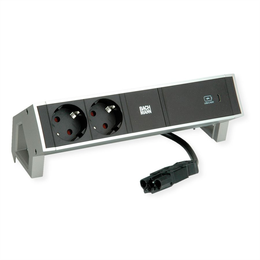 BACHMANN DESK2 2xSchutzkontakt USB C, USB Charger 60W 0,2m GST18 INOX