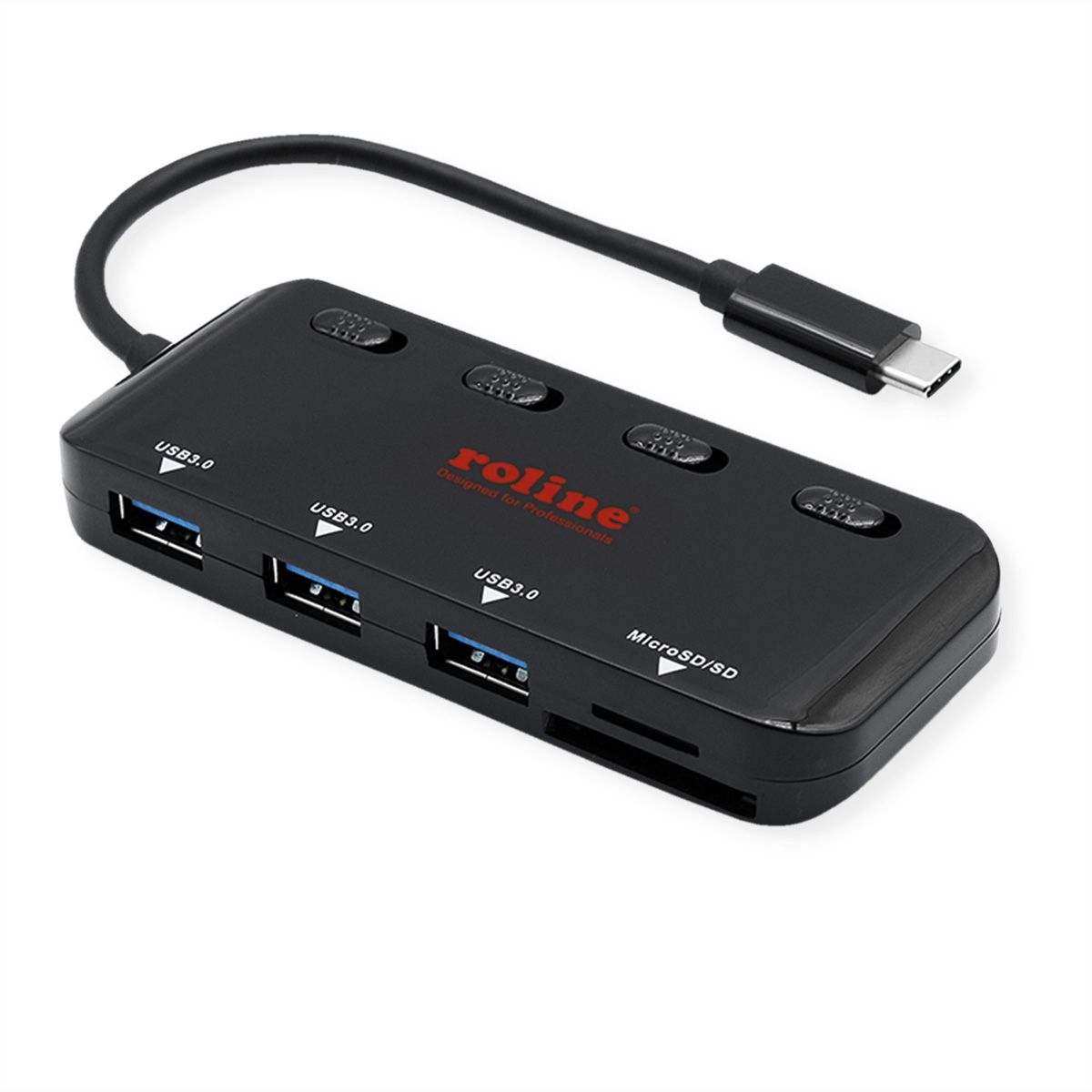 ROLINE USB 3.2 Gen 1 Hub, 3fach, Typ C Anschlusskabel, mit CardReader, Ports einzeln schaltbar