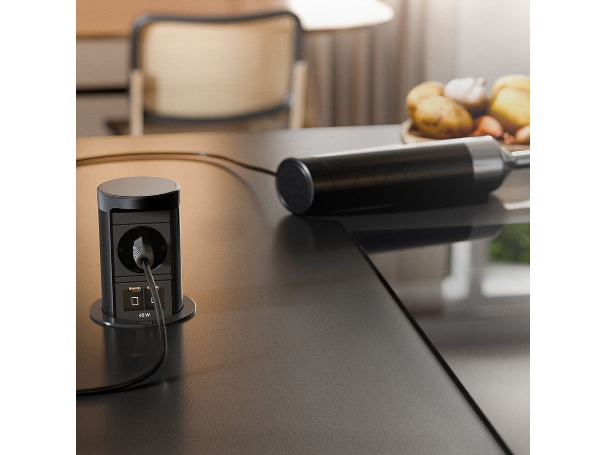 BACHMANN ELEVATOR2 1xCEE7/3, 1xUSB C/C 45W RAL9005 0,5m ISV