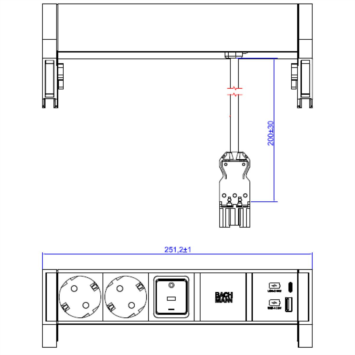 BACHMANN DESK2 ALU WHITE 2xCEE7/3 1xSchalter 1xUSB A/C 22W 0,2m