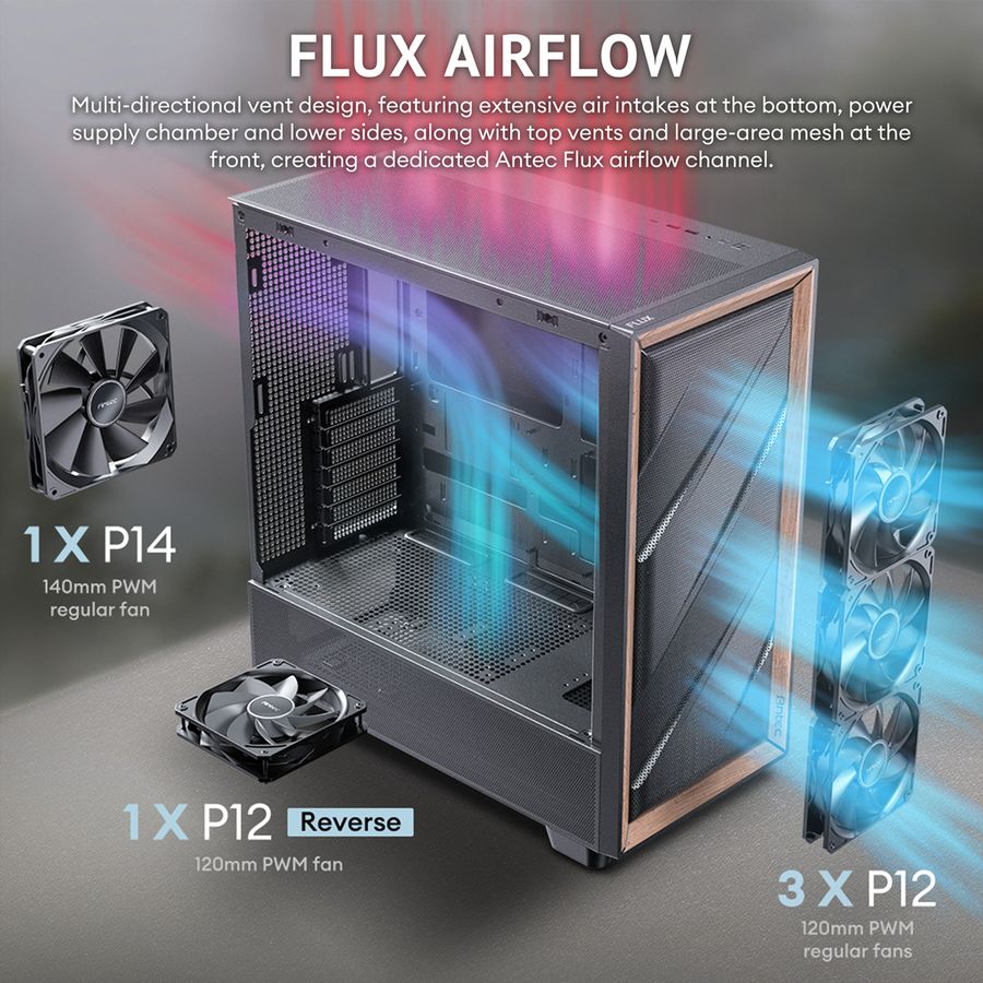 ANTEC FLUX PC Gehäuse Midi Tower Gaming ATX, schwarz