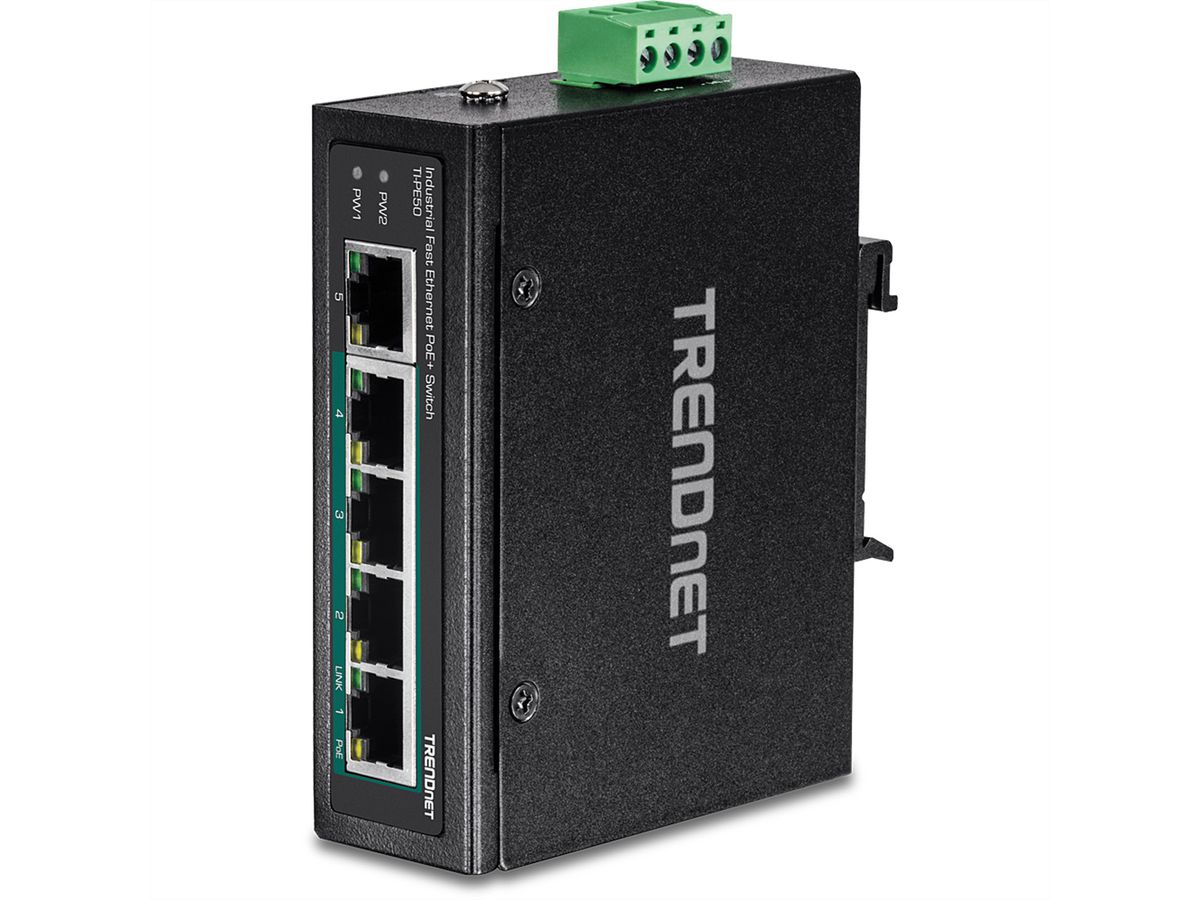 TRENDnet TI-PE50 DIN-Rail Switch 5-Port Industrial Fast Ethernet PoE+