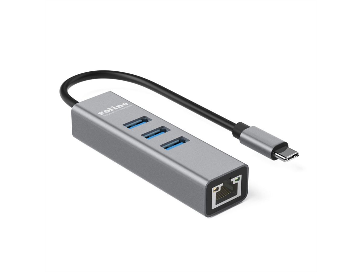 ROLINE USB Typ C zu Gigabit Ethernet Konverter + Hub 3x