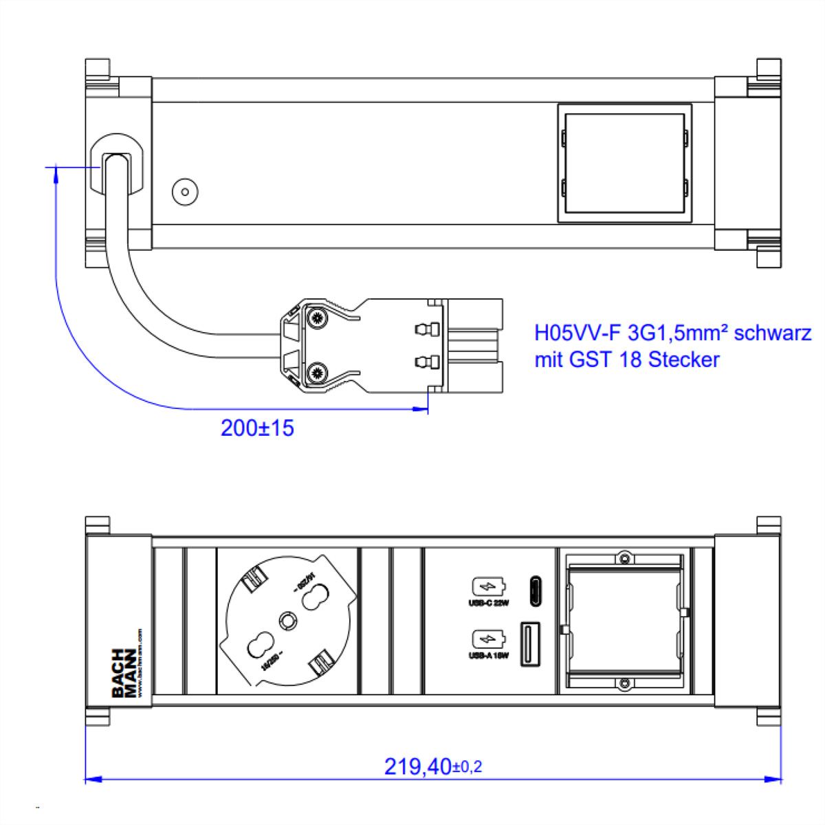 BACHMANN POWER FRAME S 1xP40 USB A&C 22W, 1xCM 0,2m GST18 Italia