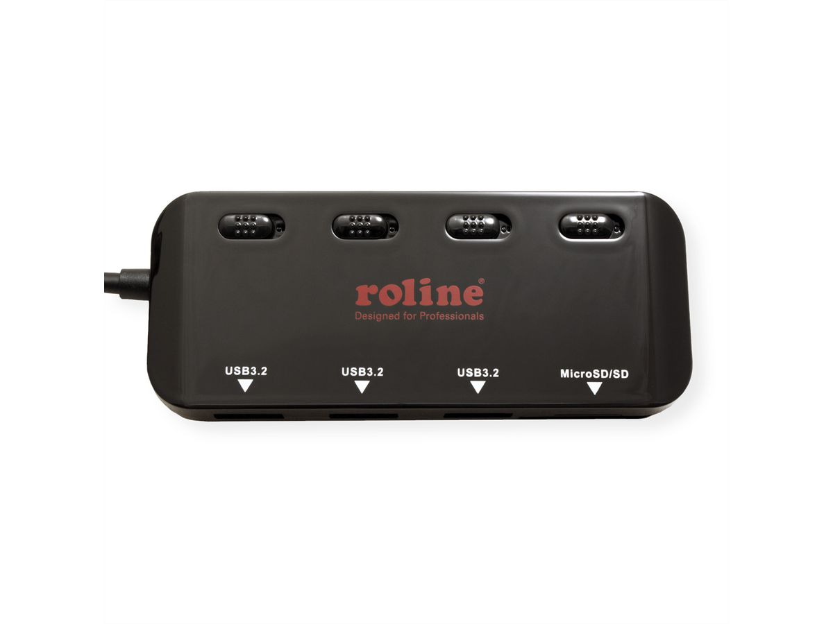 ROLINE USB 3.2 Gen 1 Hub, 3fach, Typ C Anschlusskabel, mit CardReader, Ports einzeln schaltbar