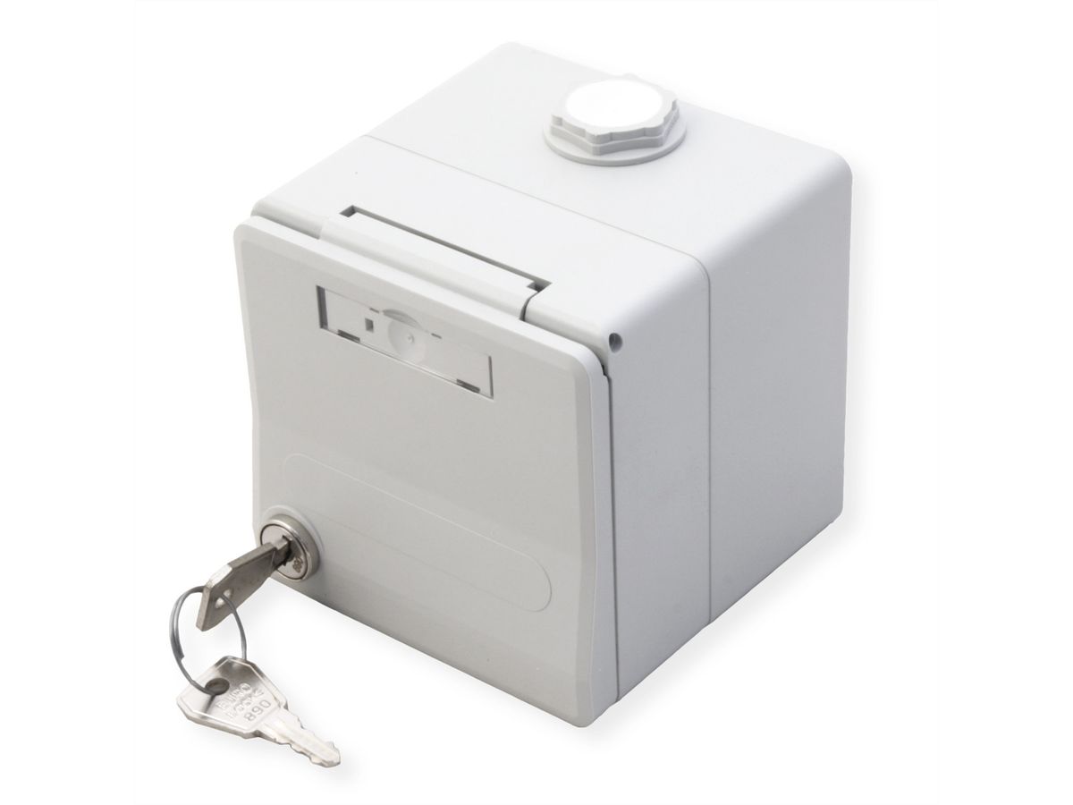 METZ CONNECT IP44 Modul-Aufputz-Gehäuse, Klappdeckel+Schloss, 2Ports unbestückt, grau