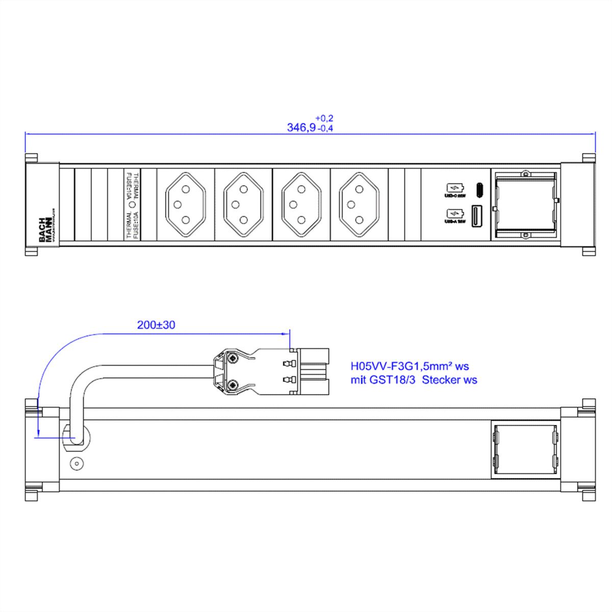 BACHMANN POWER FRAME 4xCH 0° 1xCM 1xUSB A/C 22W 0,2m GST18