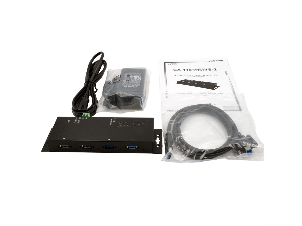 EXSYS EX-1184HMVS-2 4-Port Metall USB 3.2 Gen1 inkl. verschraubbares Kabel Surge Protection