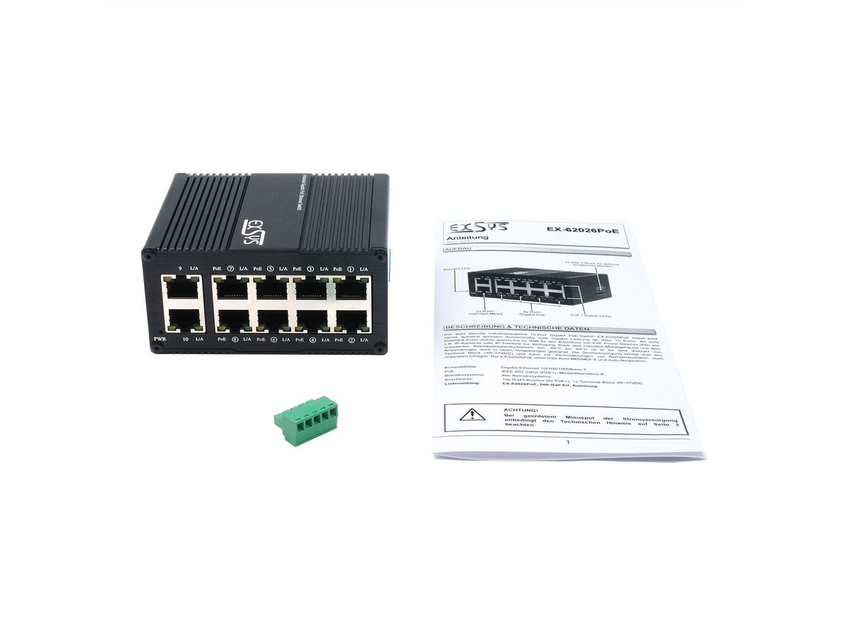 EXSYS EX-62026PoE 10-Port Industrie-Ethernet-PoE-Switch, 8x PoE + 2-Port 10/100/1000Tx