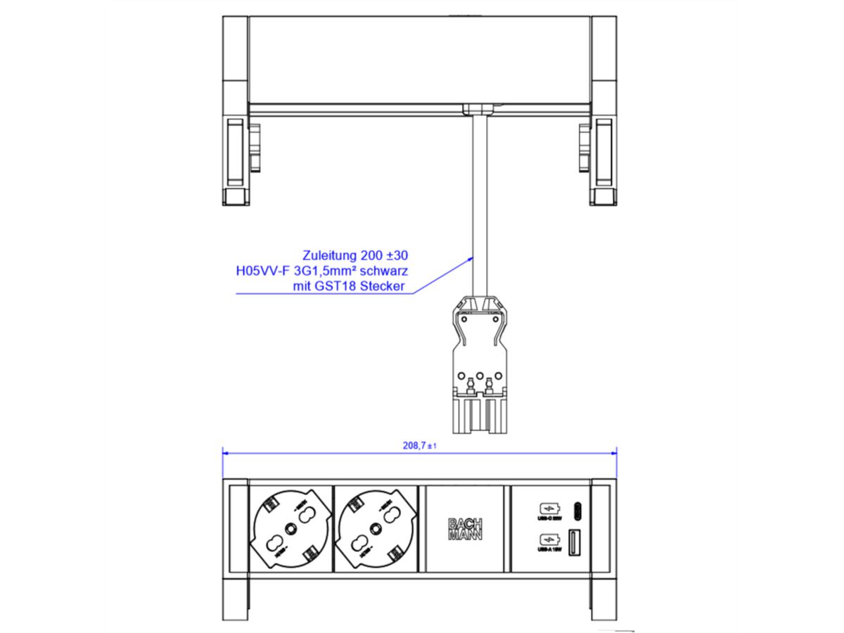 BACHMANN DESK2 2xP40 1xUSB A/C 22W, 0,2m GST18 INOX Italia