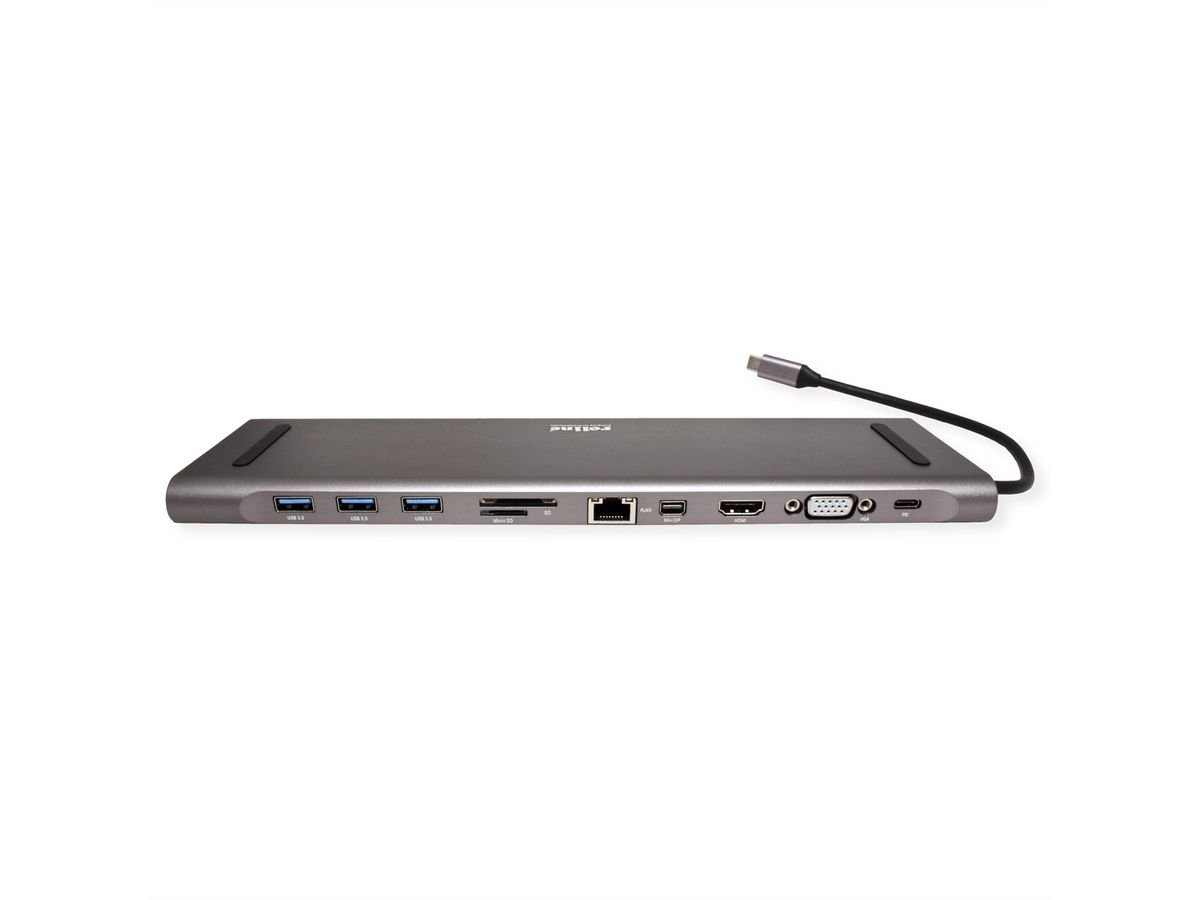 ROLINE USB 3.2 Gen 2 Typ C Multiport Docking Station, 4K HDMI/Mini DP, VGA, USB, Card Reader, PD, LAN, Audio