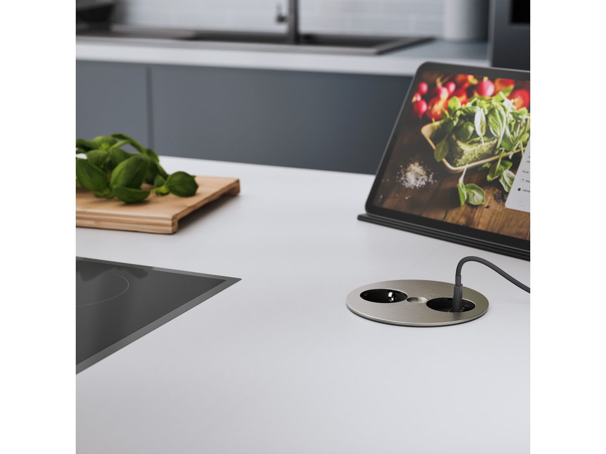 BACHMANN TWIST 1x Schutzkontakt, Aderendhülsen, USB-Charger, Schutzkontaktmontagestecker, Edelstahl, 2 m