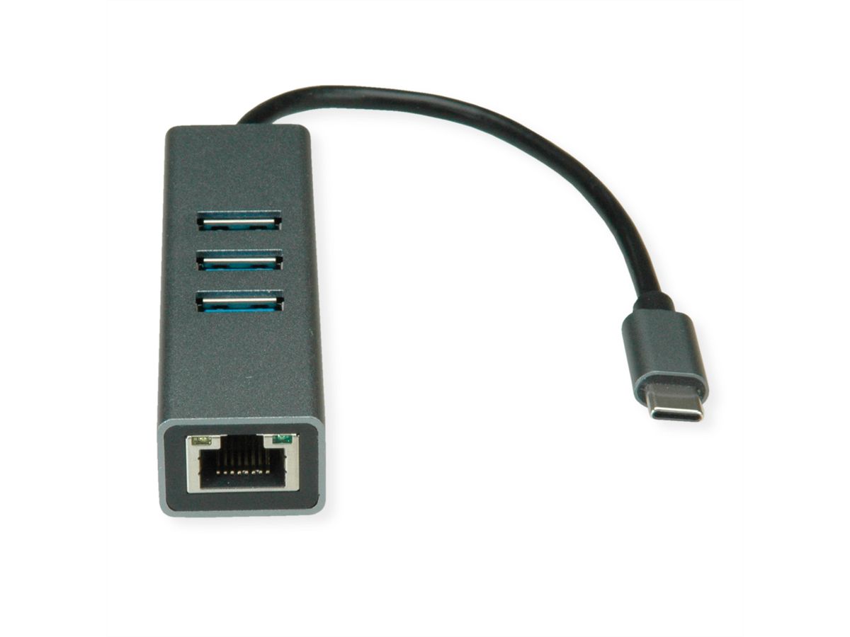 ROLINE USB Typ C zu Gigabit Ethernet Konverter + Hub 3x