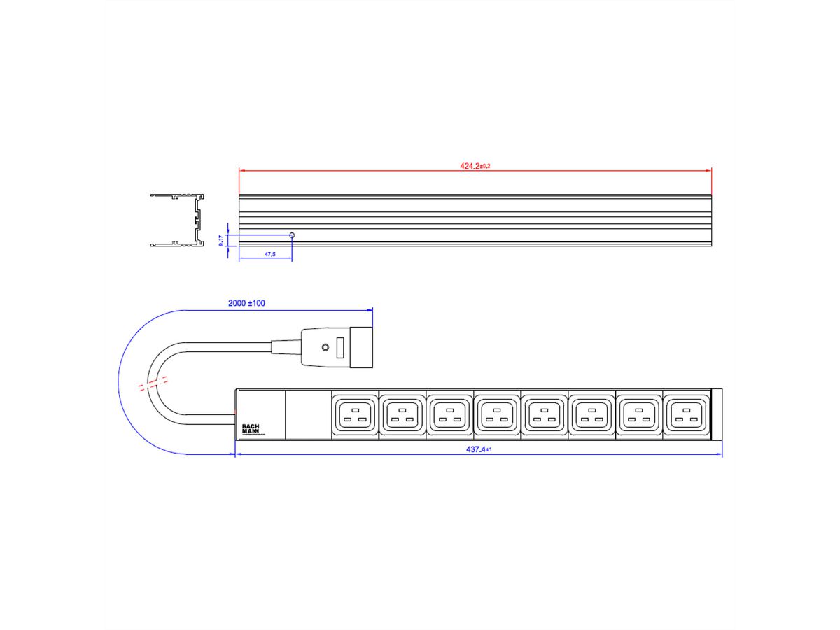 BACHMANN 19" Steckdosenleiste, 8x C19 Buchse, C20 Stecker