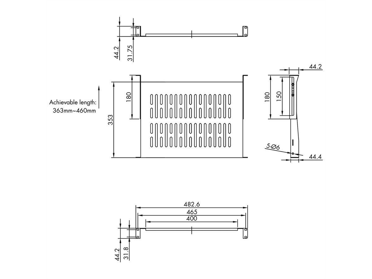 VALUE 19"-Geräteträger 1 HE, T: 350mm, max. 25 kg, U-Form, schwarz