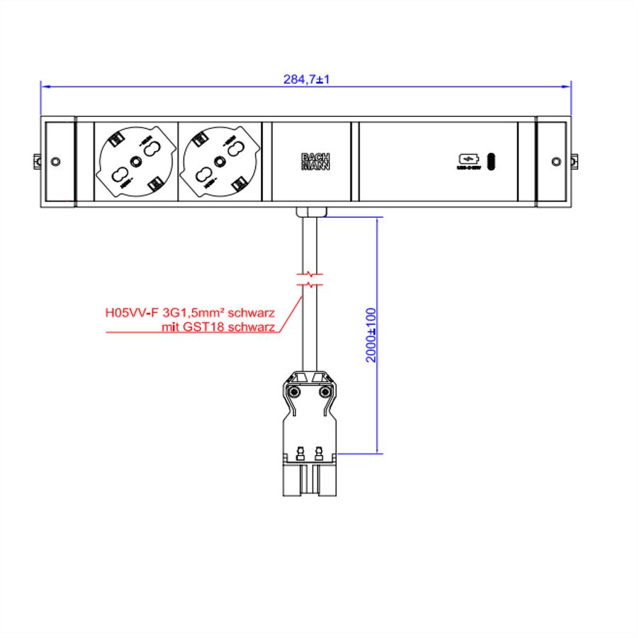 BACHMANN DESK RAIL 2xP40 1xUSB C 60W, 2,0m GST18 Italia