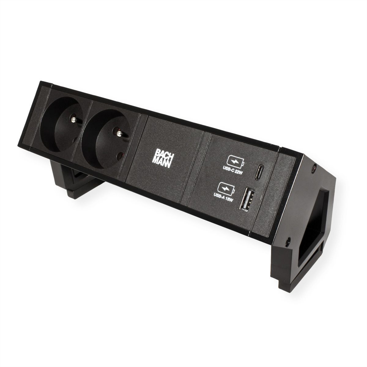 BACHMANN DESK2 2xUTE 1xUSB A/C 22W, GST18 RAL9005, schwarz, 0,2 m