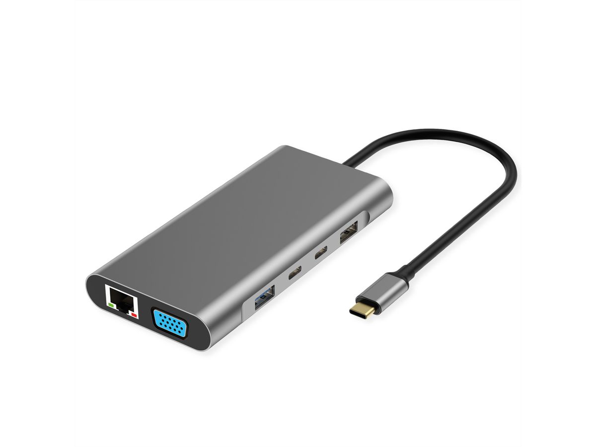 VALUE USB Typ C Dockingstation, 2x HDMI (4K60 und 4K30), 1x DP 4K60, 1x VGA, 1x Gb Ethernet, 2x USB C, 2x USB A (3.2 Gen1 und USB 2.0, 1x Type C PD