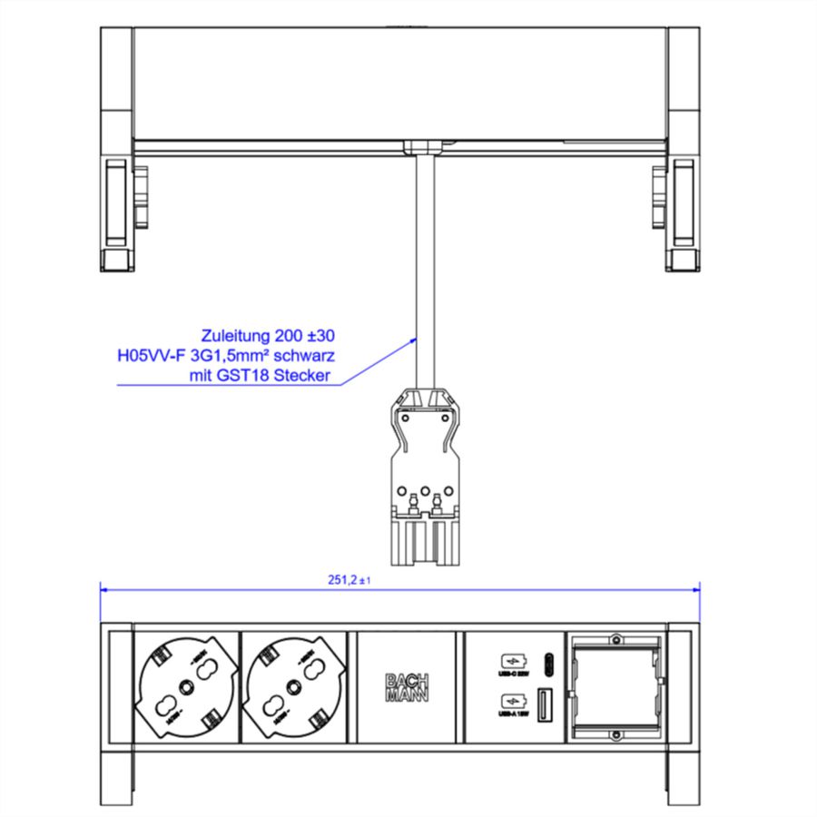 BACHMANN DESK2 2xP40 1xUSB A/C 22W 1xCM, 0,2m GST18 INOX Italia