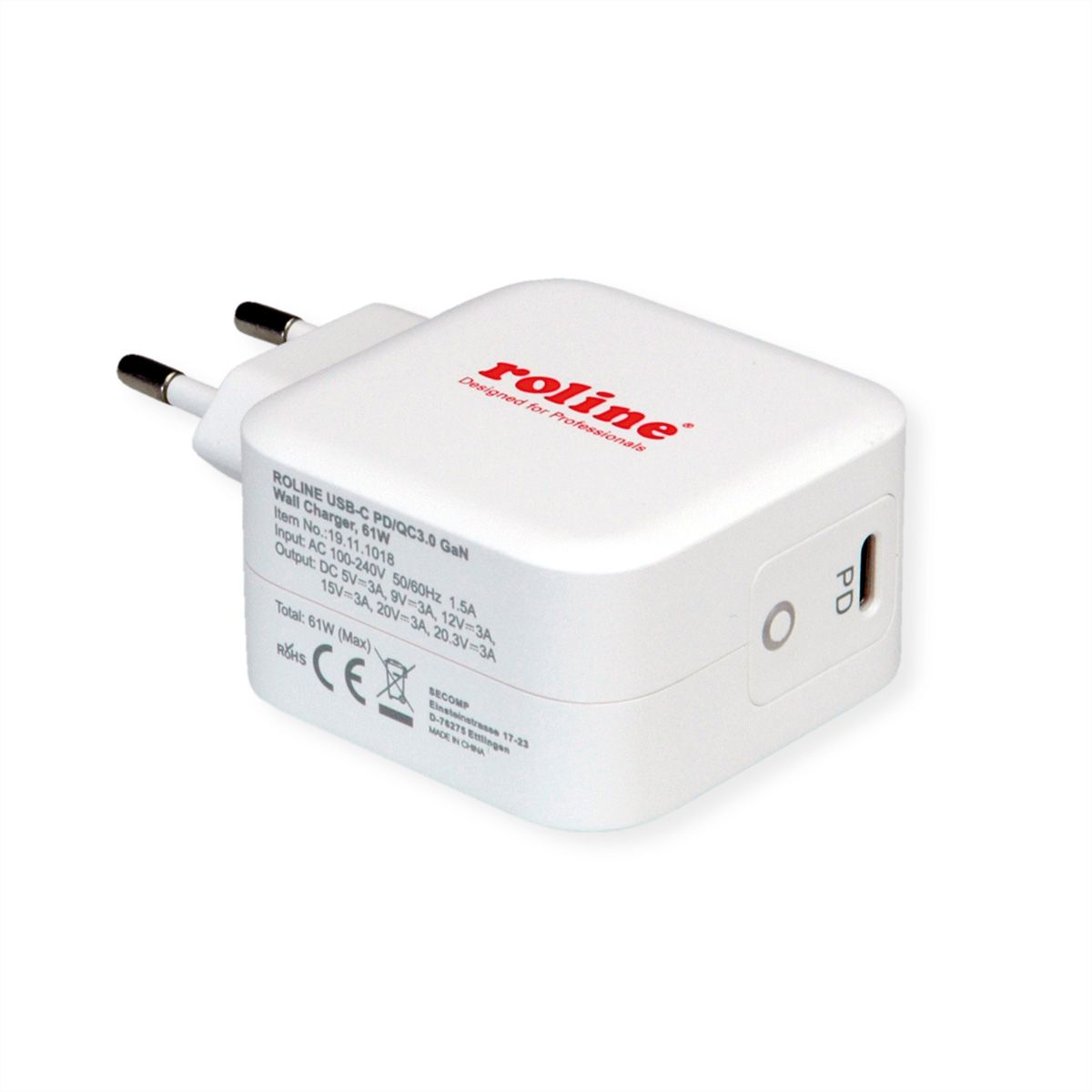 ROLINE USB Charger mit Euro-Stecker, 1x USB Typ C, PD, 61W