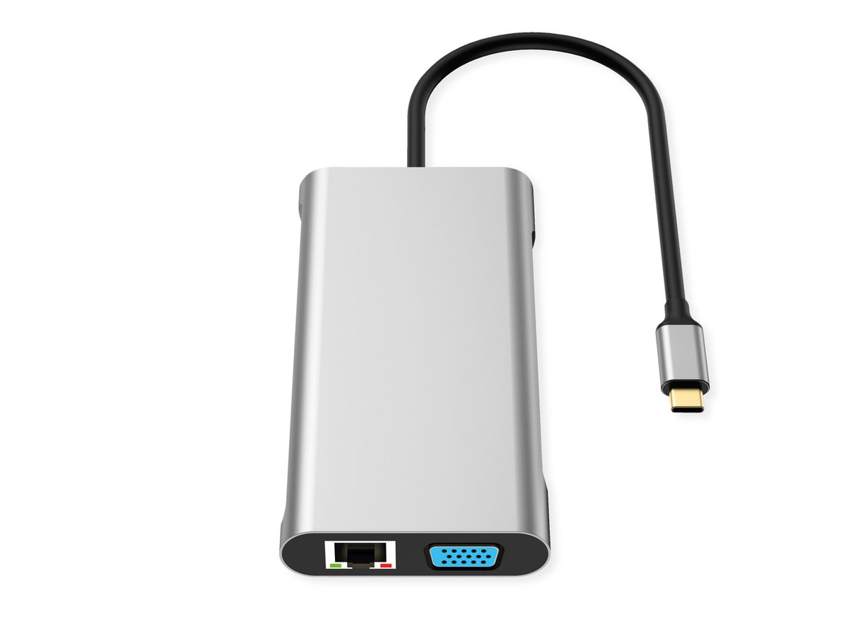 VALUE USB Typ C Dockingstation, 2x HDMI (4K60 und 4K30), 1x DP 4K60, 1x VGA, 1x Gb Ethernet, 2x USB C, 2x USB A (3.2 Gen1 und USB 2.0, 1x Type C PD