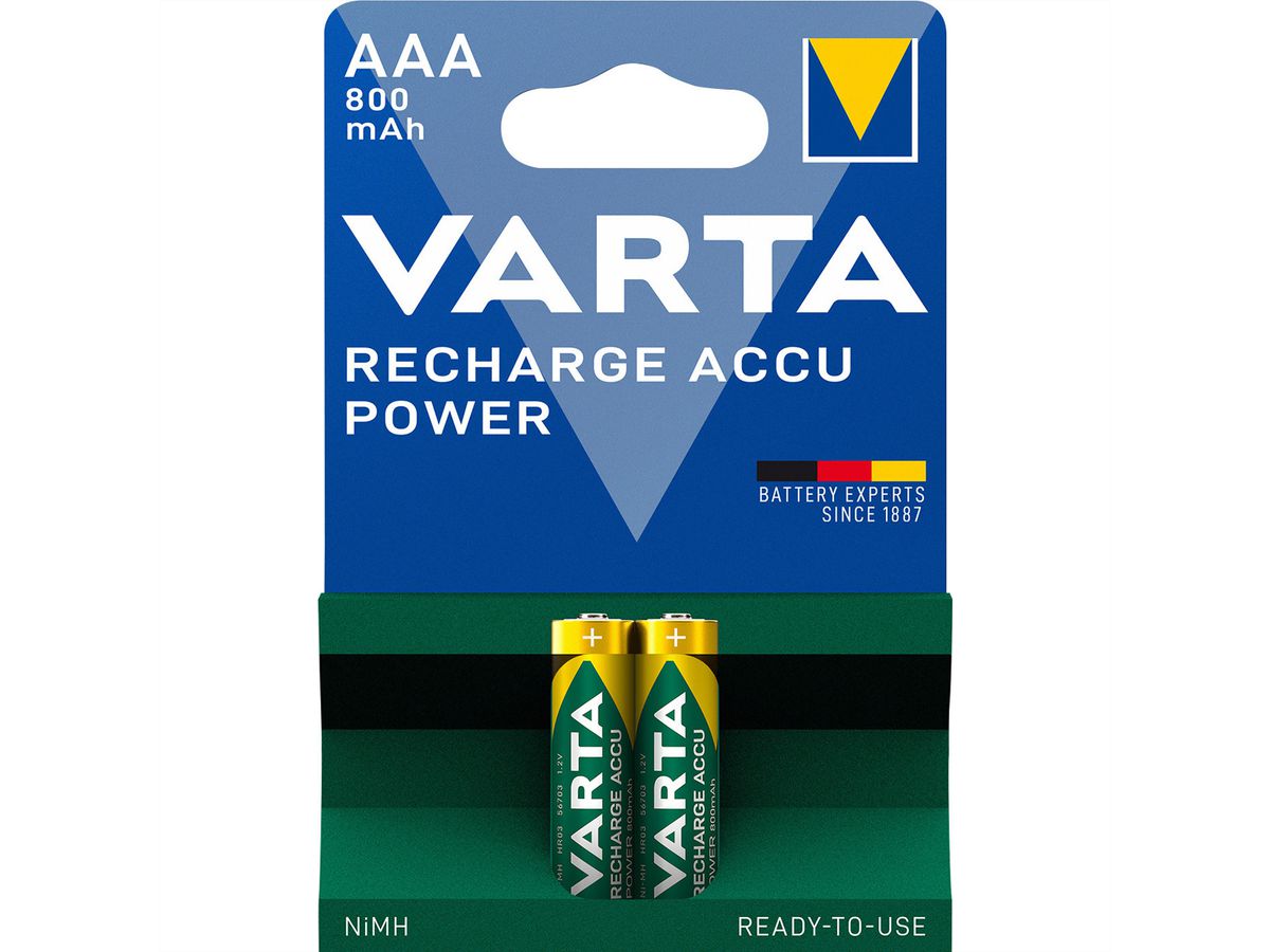 VARTA NiMH Akku Micro, AAA, HR03, 2er, 1,2V, 800mAh, vorgeladen, sofort einsatzbereit, Longlife