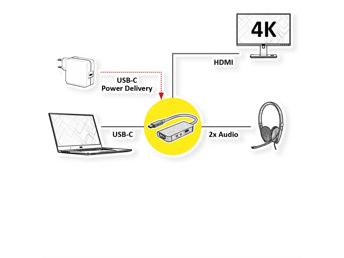 ROLINE Dockingstation Typ C, 4K HDMI, 2x 3,5mm Audio (TRRS + TRS)