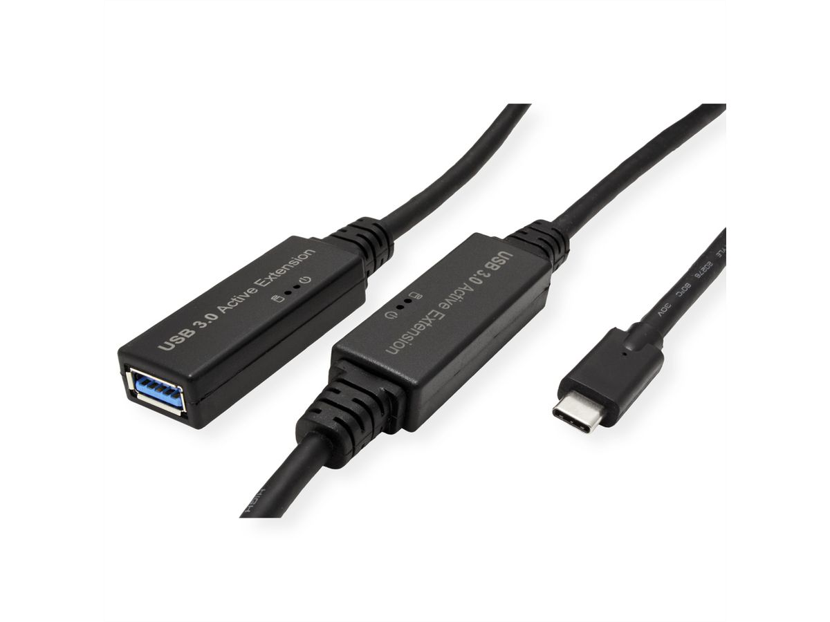 ROLINE USB 3.2 Gen 1 Aktives Repeater Kabel, Typ A - C, schwarz, 10 m