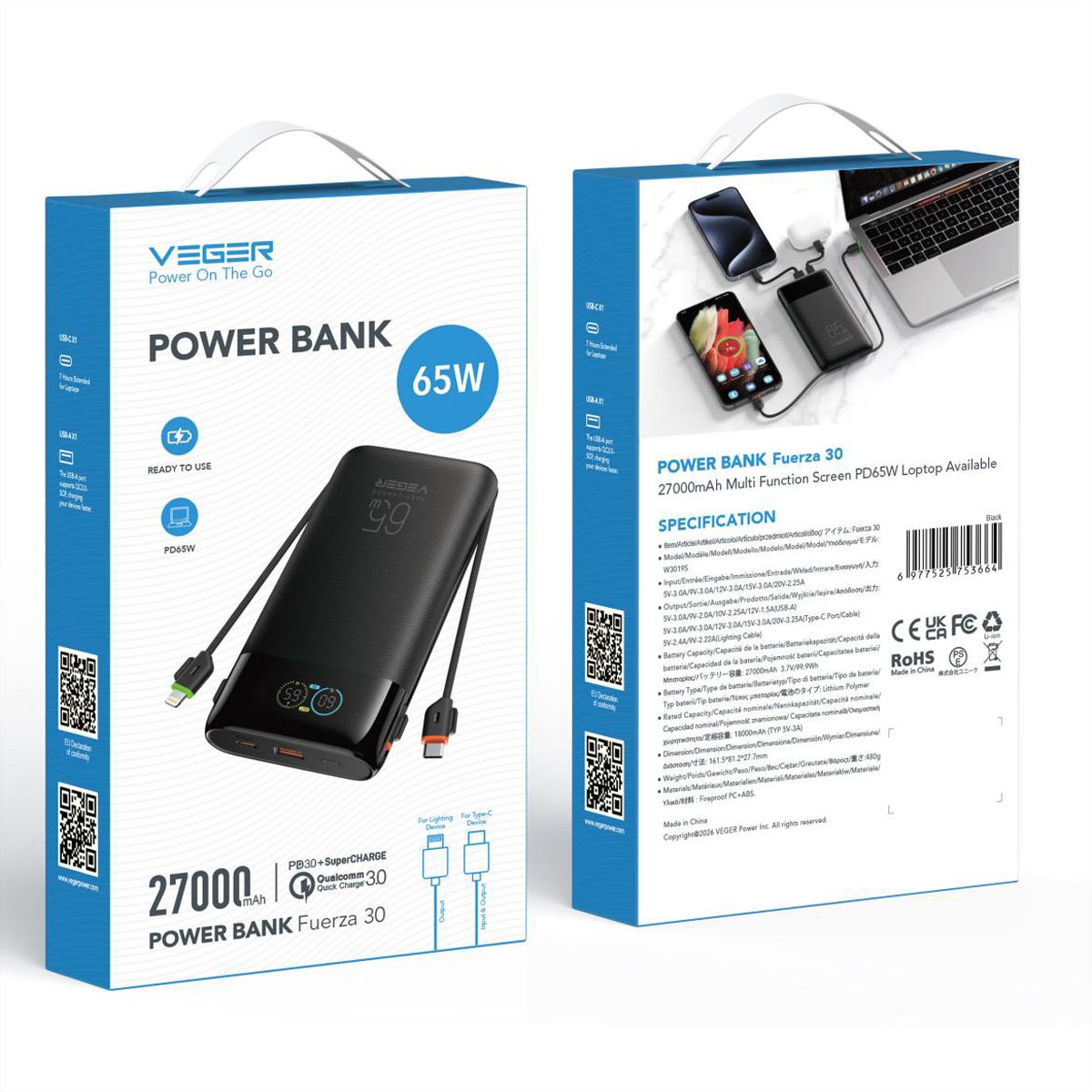 VEGER Powerbank W3019S 27000mah Black