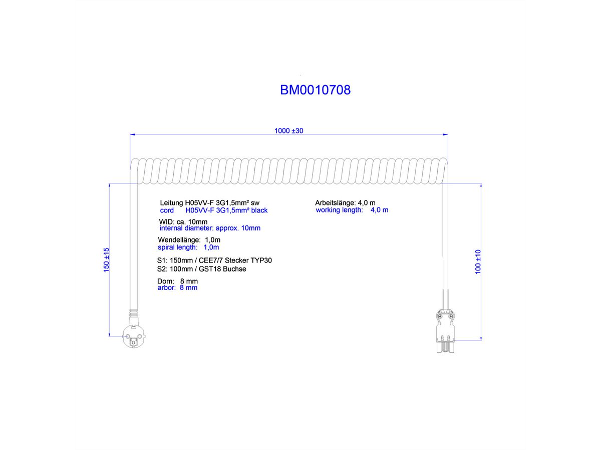 BACHMANN Spiralleitung H05VV-F 3G1,5mm² L:1,0m sw ISV/CEE7/7