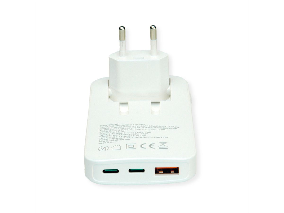 ROLINE USB Charger, schlank, mit klappbarem Euro-Stecker, 65W