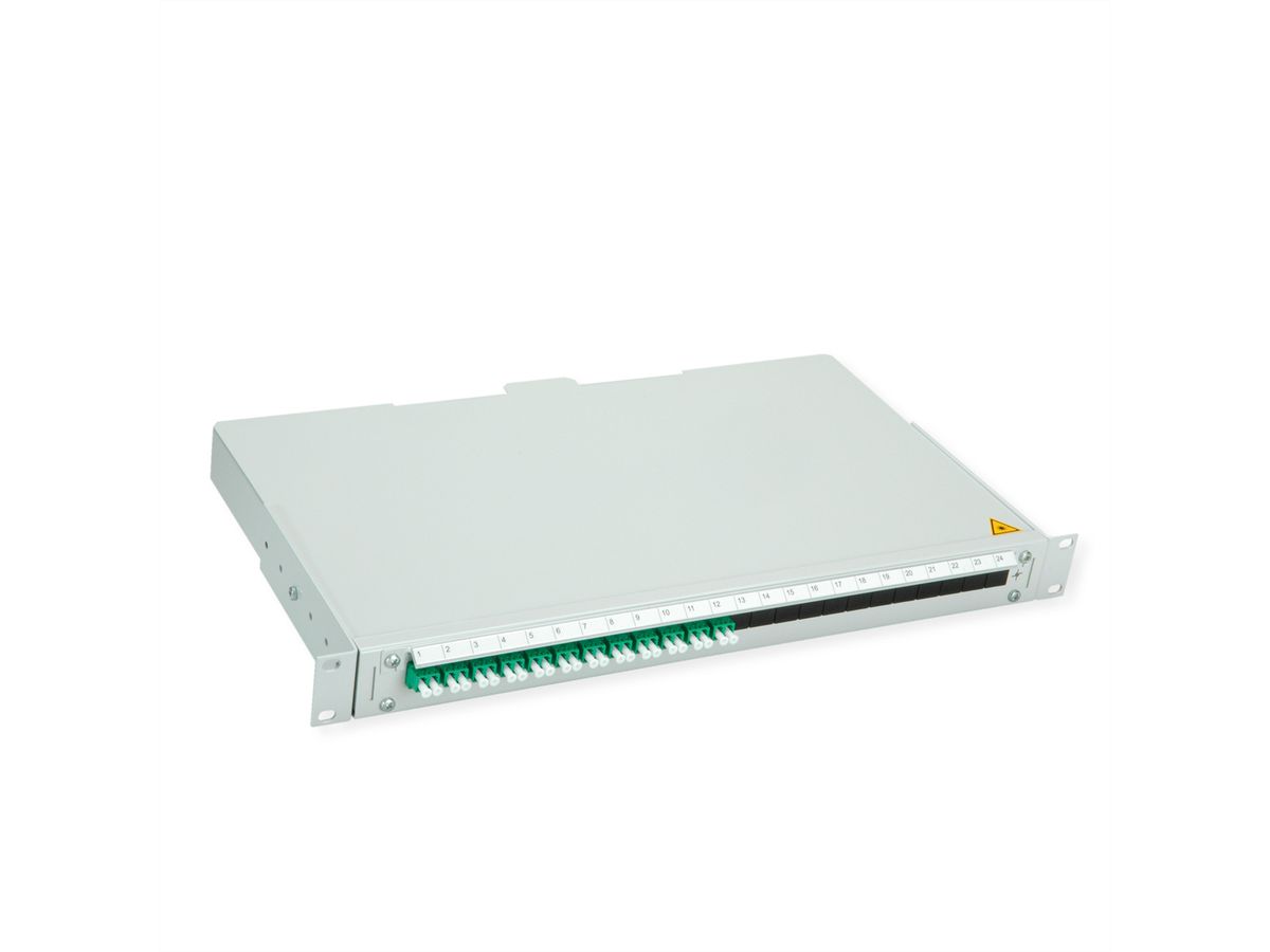 TELEGÄRTNER BASIS V LWL-Panel mit Kupplungen & Pigtails, 12x LC Duplex, grün, OS2 APC