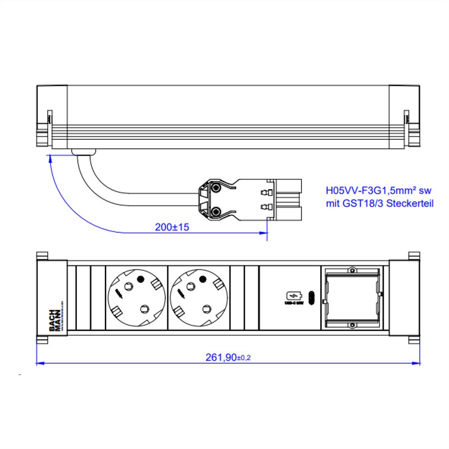 BACHMANN POWER FRAME M 2xCEE7/3, 1xUSB C 30W 1xCM 0,2m GST18