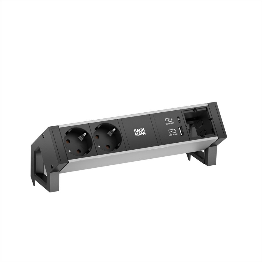 BACHMANN DESK2 ALU BLACK 2xSchutzkt.USB, USB Charger 22W A&C 1xABD 0,2m GST18