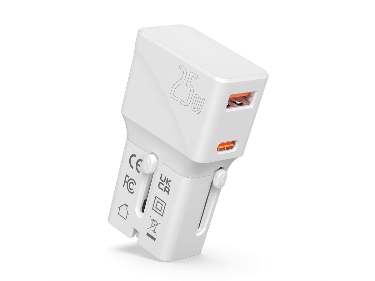 VALUE USB Reise-Charger mit Euro-Flach-/UK-/US-Stecker, 2 Port (Typ-A QC3.0, Typ-C PD), 25W