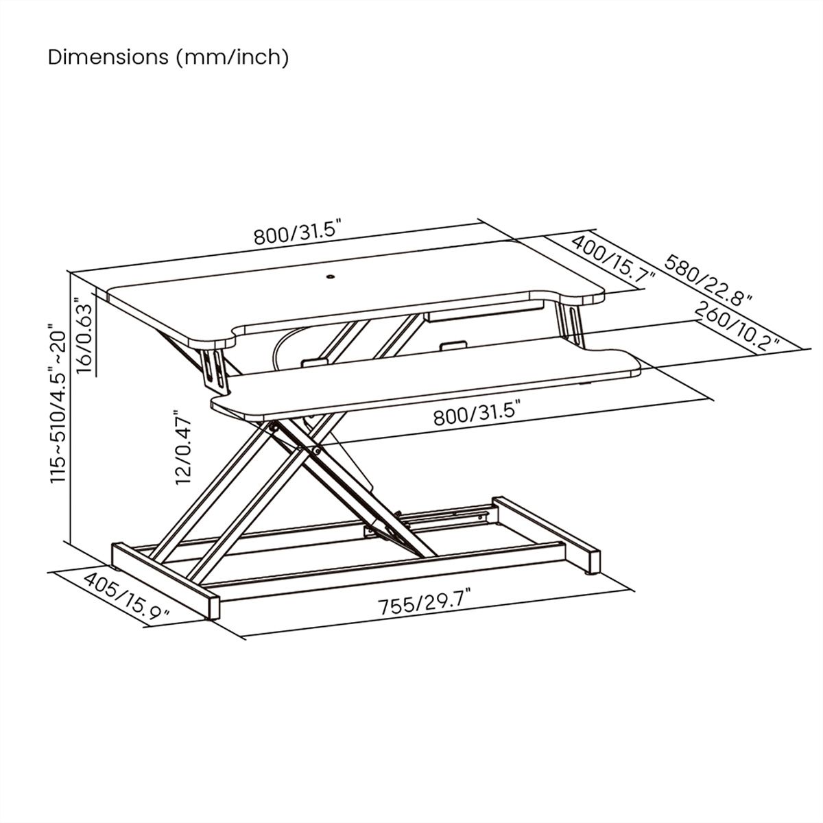 VALUE Höhenverstellbarer Schreibtischaufsatz, 800 x 400 mm, schwarz