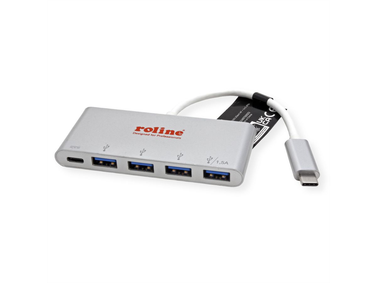 ROLINE USB 3.2 Gen 1 Hub, 4fach, Typ C Anschlusskabel, mit 1 PD-Port