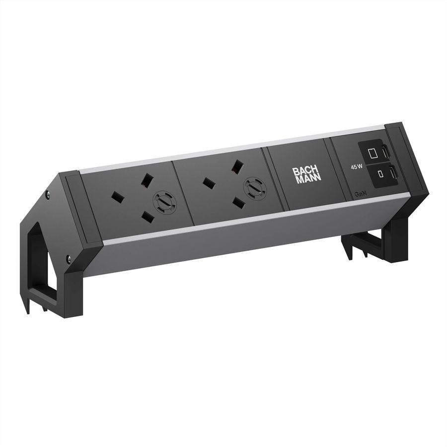 BACHMANN DESK2 ALU BLACK 2xUK, 1xUSB C/C 45W L=0,2m