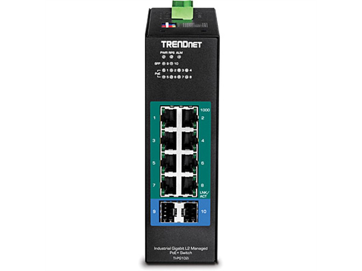 TRENDnet TI-PG102i 10-Port DIN-Rail Switch Industrial Gigabit Managed PoE+