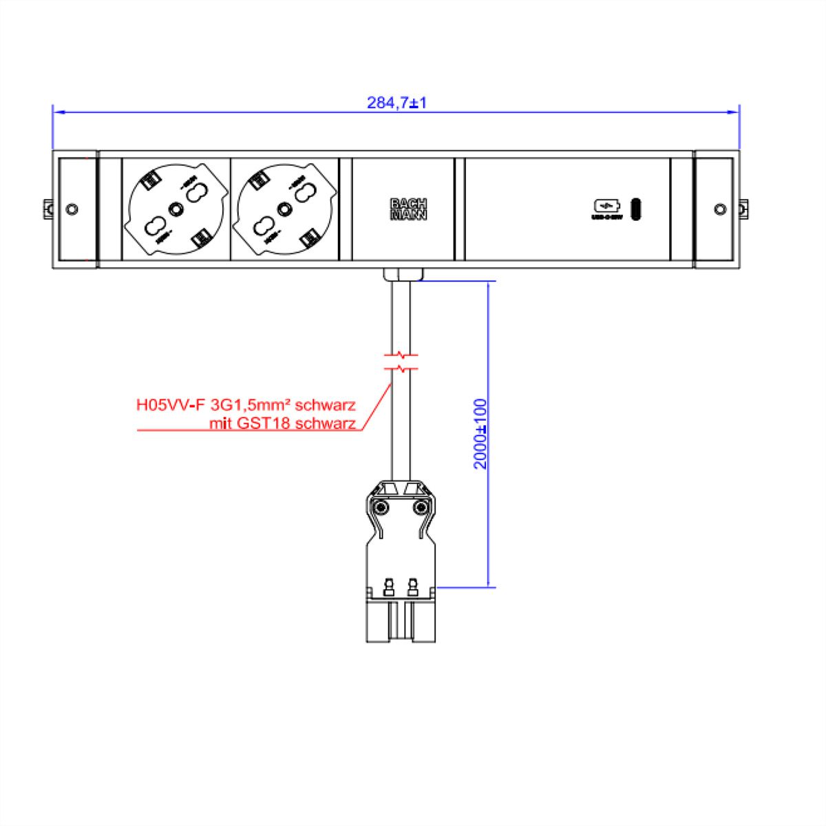 BACHMANN DESK RAIL 2xP40 1xUSB C 60W, 2,0m GST18 Italia