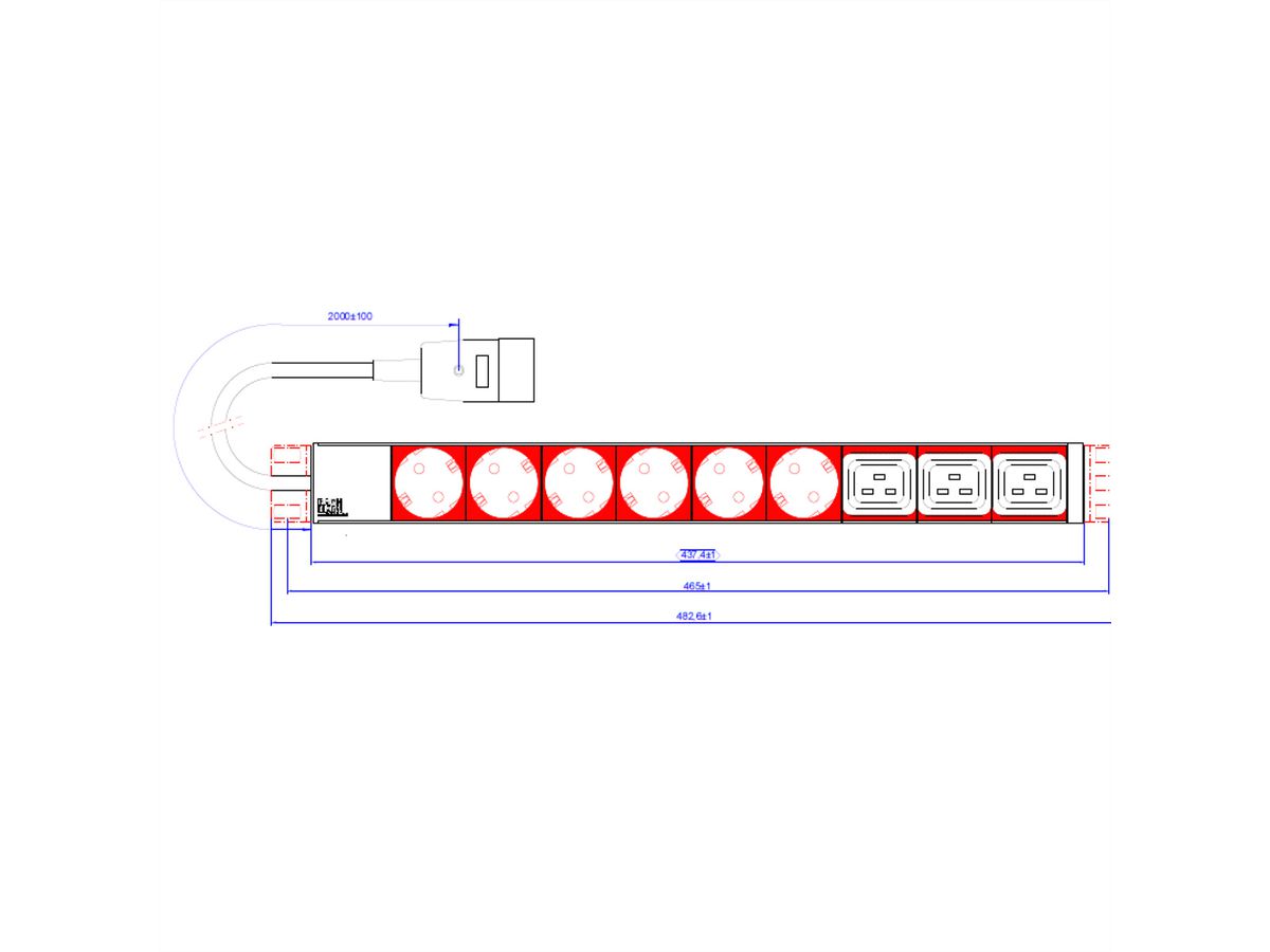 BACHMANN IT PDU ALU 1HE 6x Schutzkontakt 3x C19, Zuleitung mit Stecker C20, schwarz