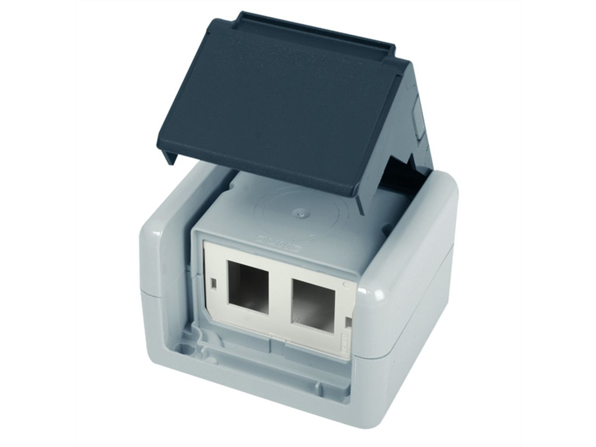 TELEGÄRTNER Gehäuse AP IP44,75x86x58, grau, mit Mont-Einsatz für 2xAMJ-Modul