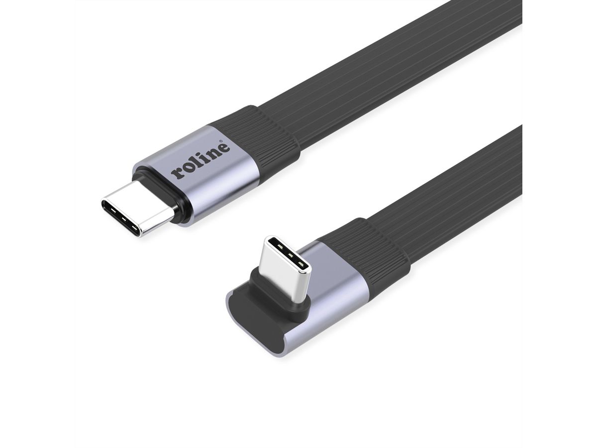 ROLINE USB4 2.0 Flachkabel, C–C, ST/ST einseitig 270°-gewinkelt, 8K UHD-2, 80Gbit/s, 240W, schwarz, 0,8 m