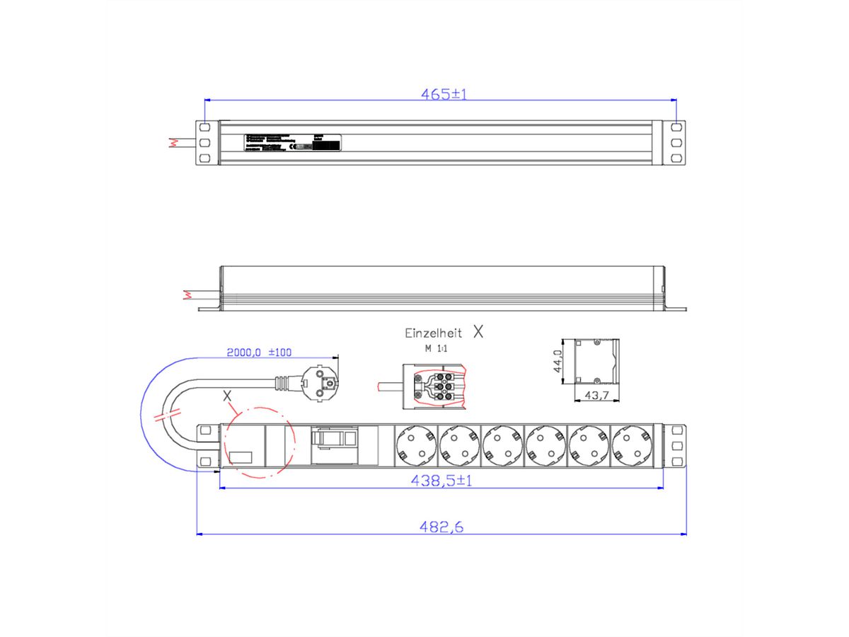 BACHMANN 19" 1HE 6xCEE7/3 1xFI Strom 2,0m CEE7/7