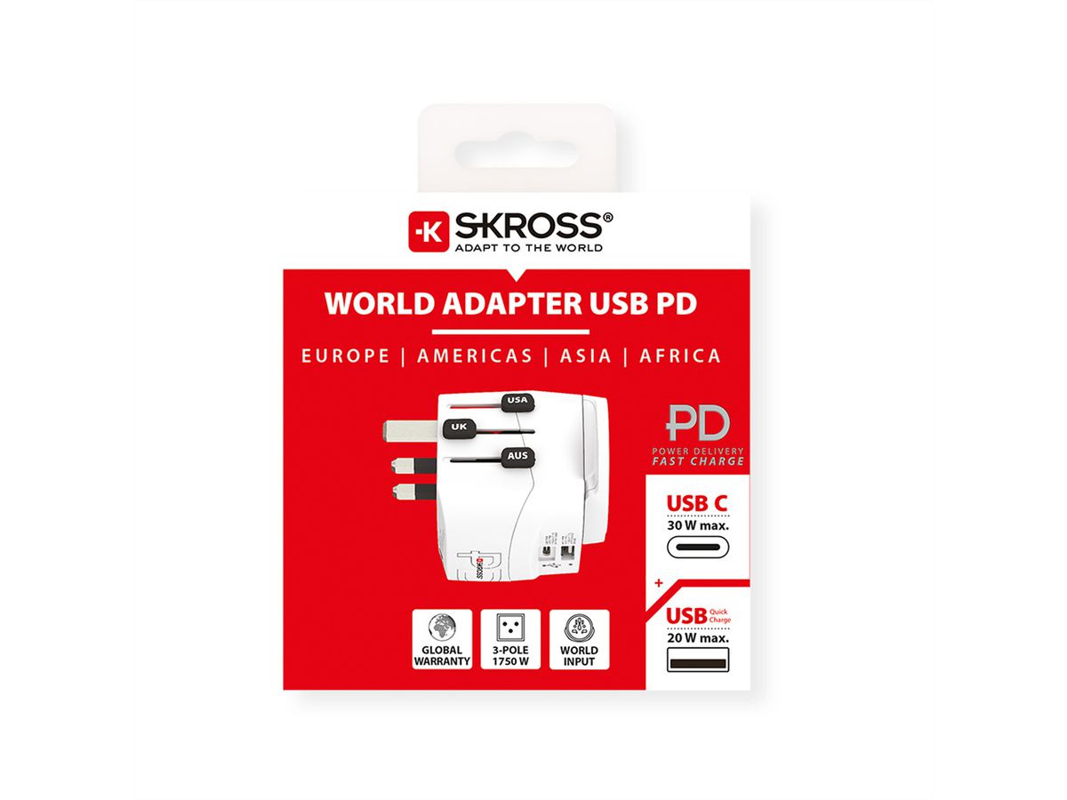 Skross PRO Light USB A/C 30PD World Reiseadapter, Weltweit