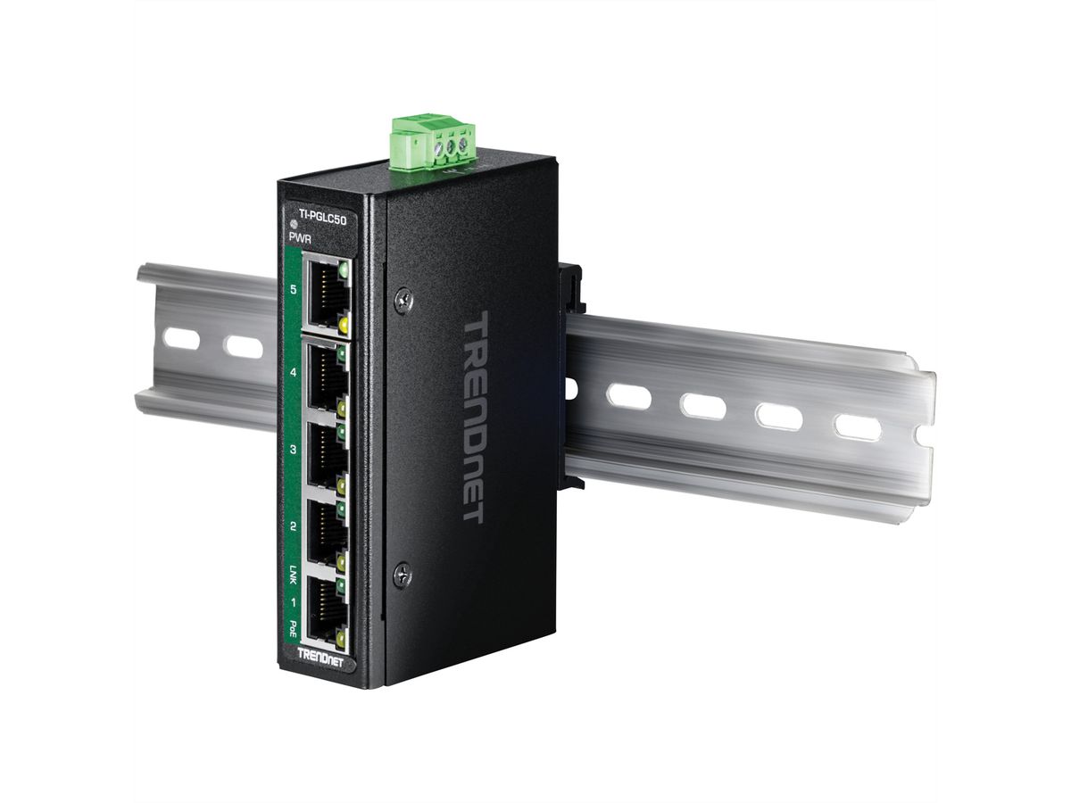 TRENDnet TI-PGLC50 5-Port Gigabit PoE+ Industrial DIN-Rail Mini Switch