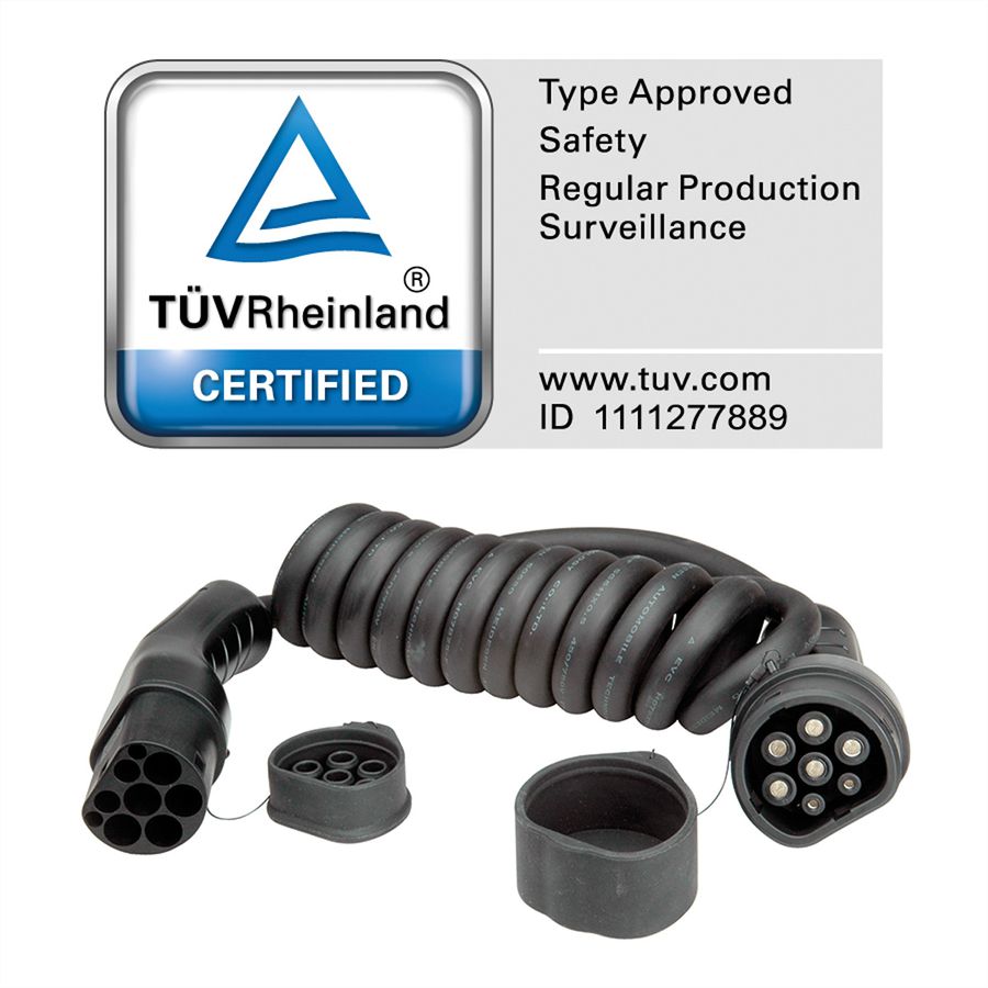 ROLINE E-Auto Spiral-Ladekabel Typ2, 1-phasig, 250VAC (1P+N+E), 32 A, 7,4 kW, max. 2m