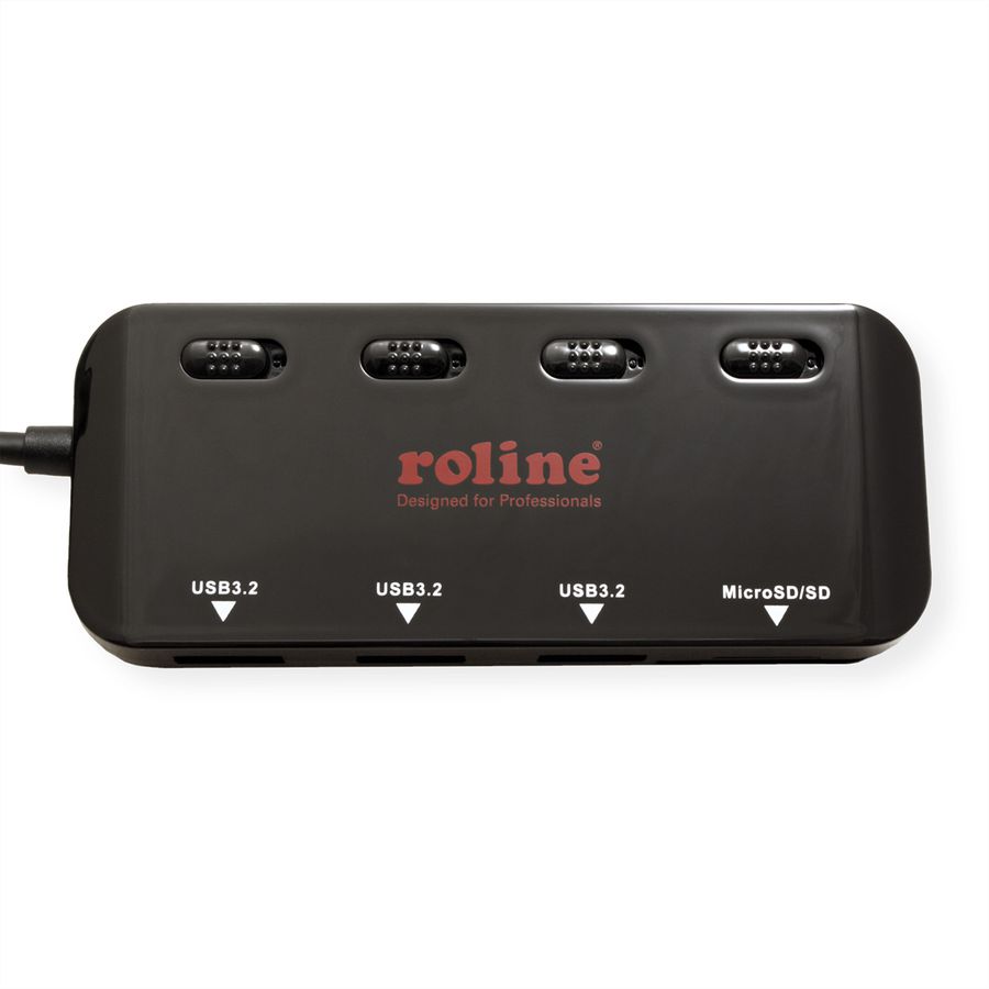 ROLINE USB 3.2 Gen 1 Hub, 3fach, Typ C Anschlusskabel, mit CardReader, Ports einzeln schaltbar